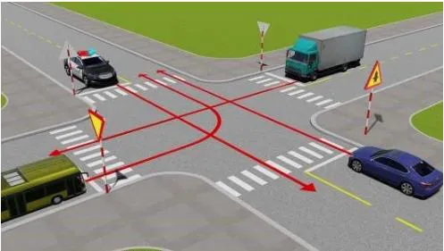 Câu 488: Theo hướng mũi tên, thứ tự các xe đi như thế nào là đúng quy tắc giao thông?