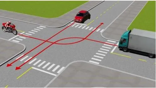 Câu 490: Theo hướng mũi tên, thứ tự các xe đi như thế nào là đúng quy tắc giao thông?