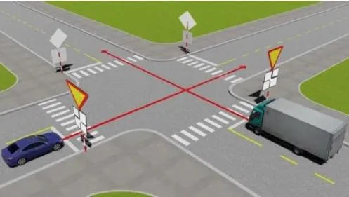 Câu 497: Theo hướng mũi tên, xe nào phải nhường đường là đúng quy tắc giao thông?