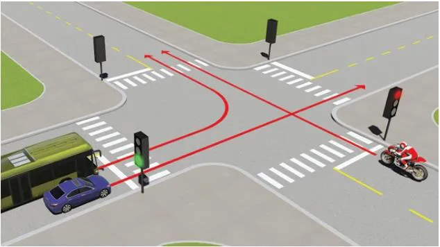 Câu 499: Theo tín hiệu đèn, xe nào được phép đi?