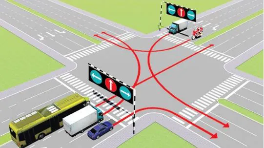 Câu 503: Các xe đi theo hướng mũi tên, những xe nào vi phạm quy tắc giao thông?