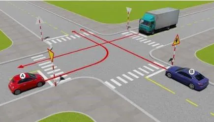 Câu 506: Theo hướng mũi tên, xe nào được quyền đi trước?