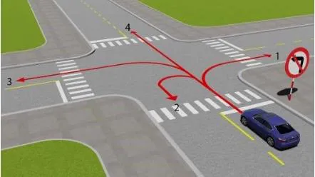 Câu 512: Theo hướng mũi tên, những hướng nào xe ô tô không được phép đi?