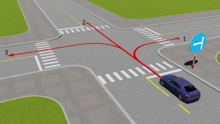 Câu 514: Theo hướng mũi tên, gặp biển hướng đi phải theo đặt trước ngã tư, những hướng nào xe được phép đi?