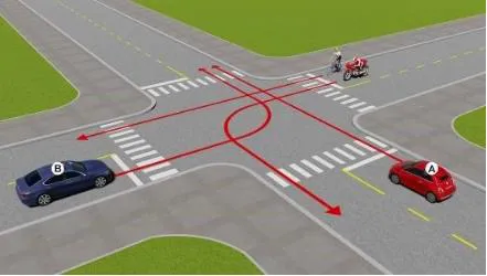 Câu 520: Theo hướng mũi tên, thứ tự các xe đi như thế nào là đúng quy tắc giao thông?