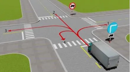 Câu 521: Theo hướng mũi tên, những hướng nào xe tải được phép đi?