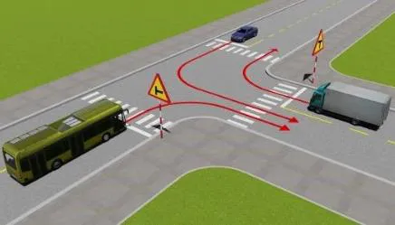 Câu 534: Theo hướng mũi tên, thứ tự các xe đi như thế nào là đúng quy tắc giao thông?