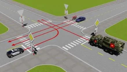 Câu 540: Trong trường hợp này, thứ tự xe đi như thế nào là đúng quy tắc giao thông?