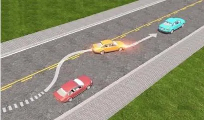 Câu 599: Trong tình huống dưới đây, xe con màu vàng vượt xe con màu đỏ là đúng quy tắc giao thông hay không?