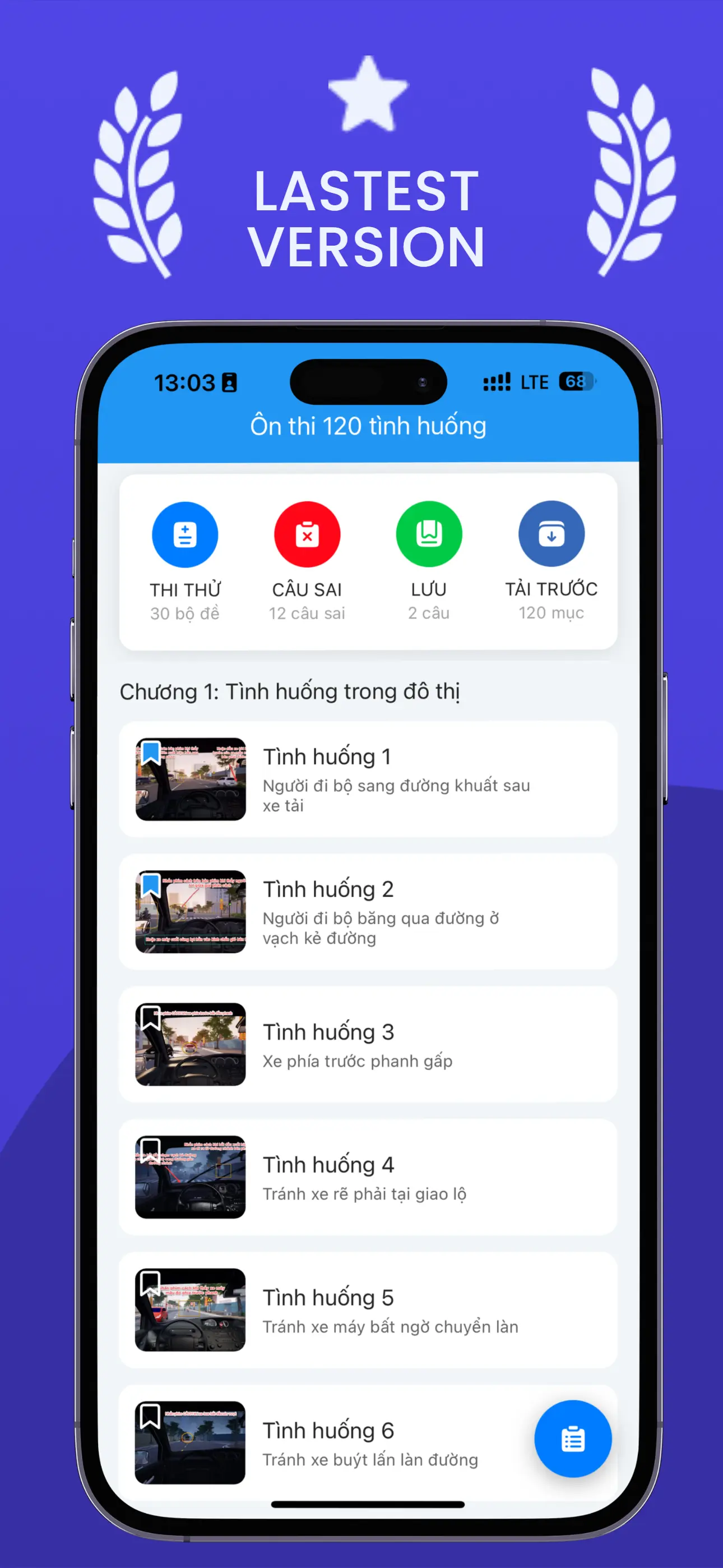 Giao diện chính app mô phỏng 120 tình huống